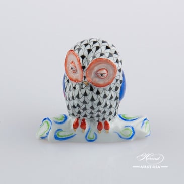 Owl 15616-0-00 VHN Black Fish scale decor. Herend Fine china animal figurine. Hand painted. Height 6.0 cm (2.5"H)